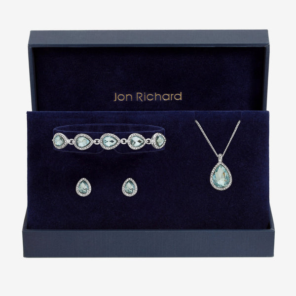 Jon Richard Silver Plated and Aqua Pear Drop Trio Set - Gift Box