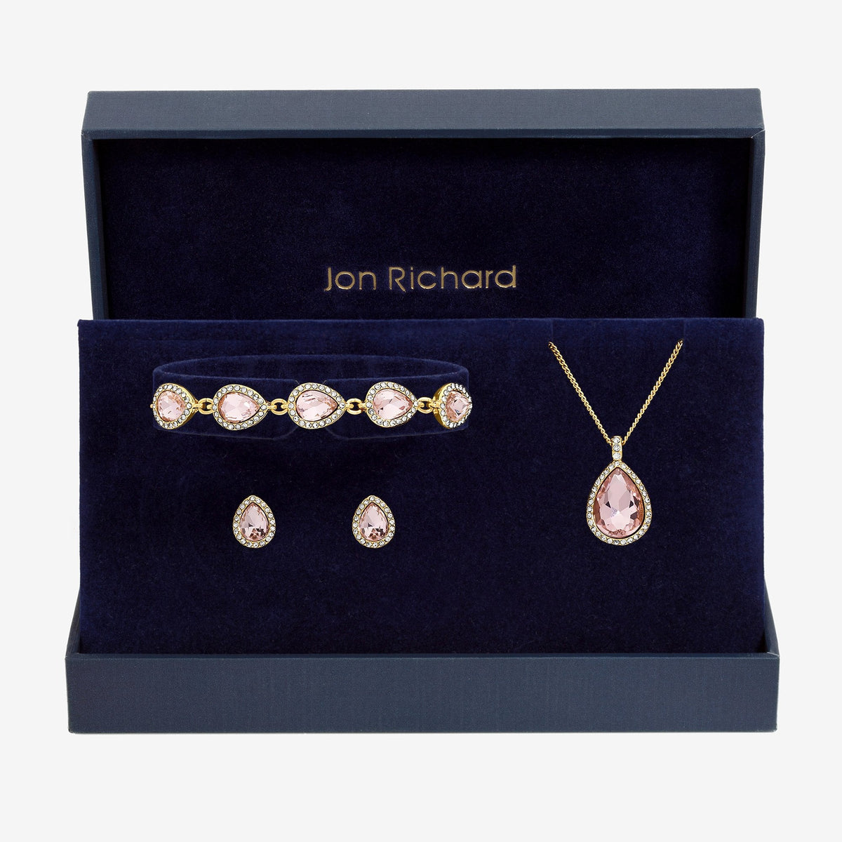 Jon Richard Gold Plated and Pink Pear Drop Trio Set - Gift Box