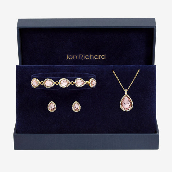 Jon Richard Gold Plated and Pink Pear Drop Trio Set - Gift Box