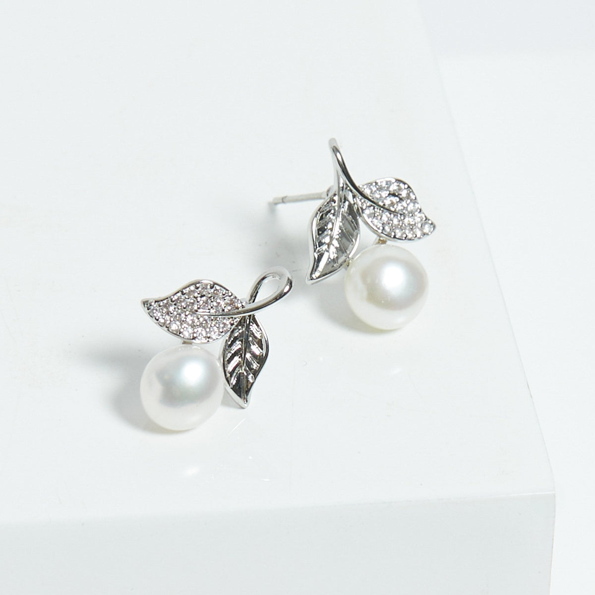 Jon Richard Rhodium Plated Leaf Cubic Zirconia And Pearl Earrings