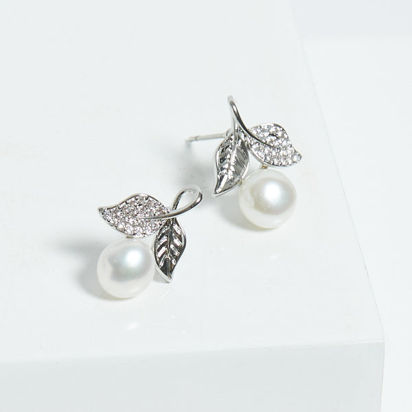 Jon Richard Rhodium Plated Leaf Cubic Zirconia And Pearl Earrings