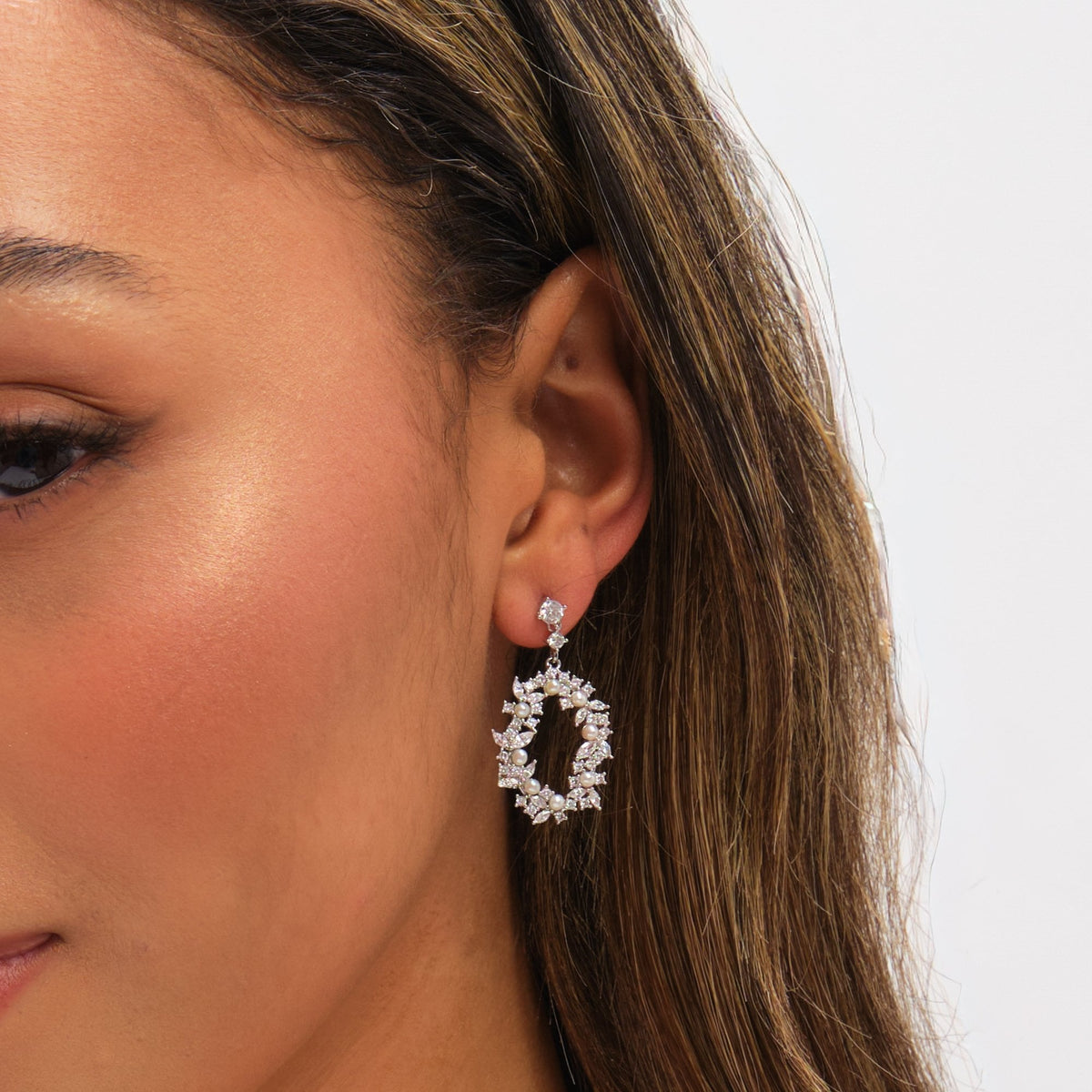 Jon Richard Rhodium Plated Crystal and Freshweater Pearl Open Earrings
