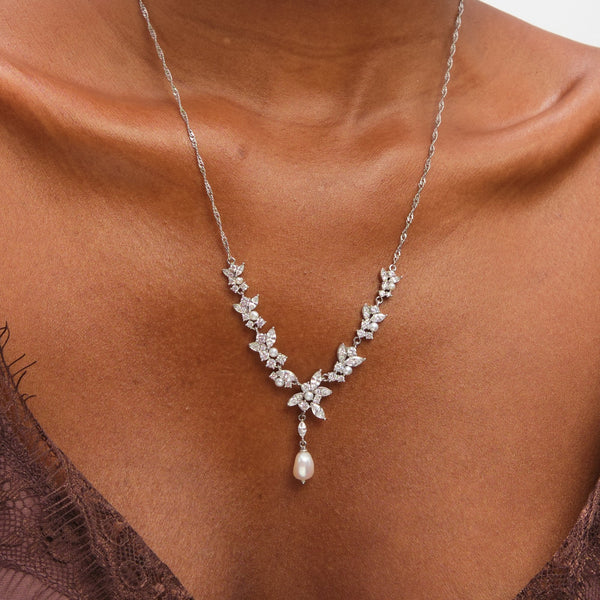 Jon Richard Rhodium Plated Crystal and Freshwater Pearl Y-Drop Necklace