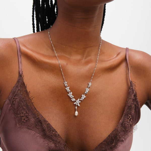 Jon Richard Rhodium Plated Crystal and Freshwater Pearl Y-Drop Necklace
