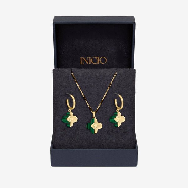 Inicio Gold Plated and Malachite Clover Set - Gift Box