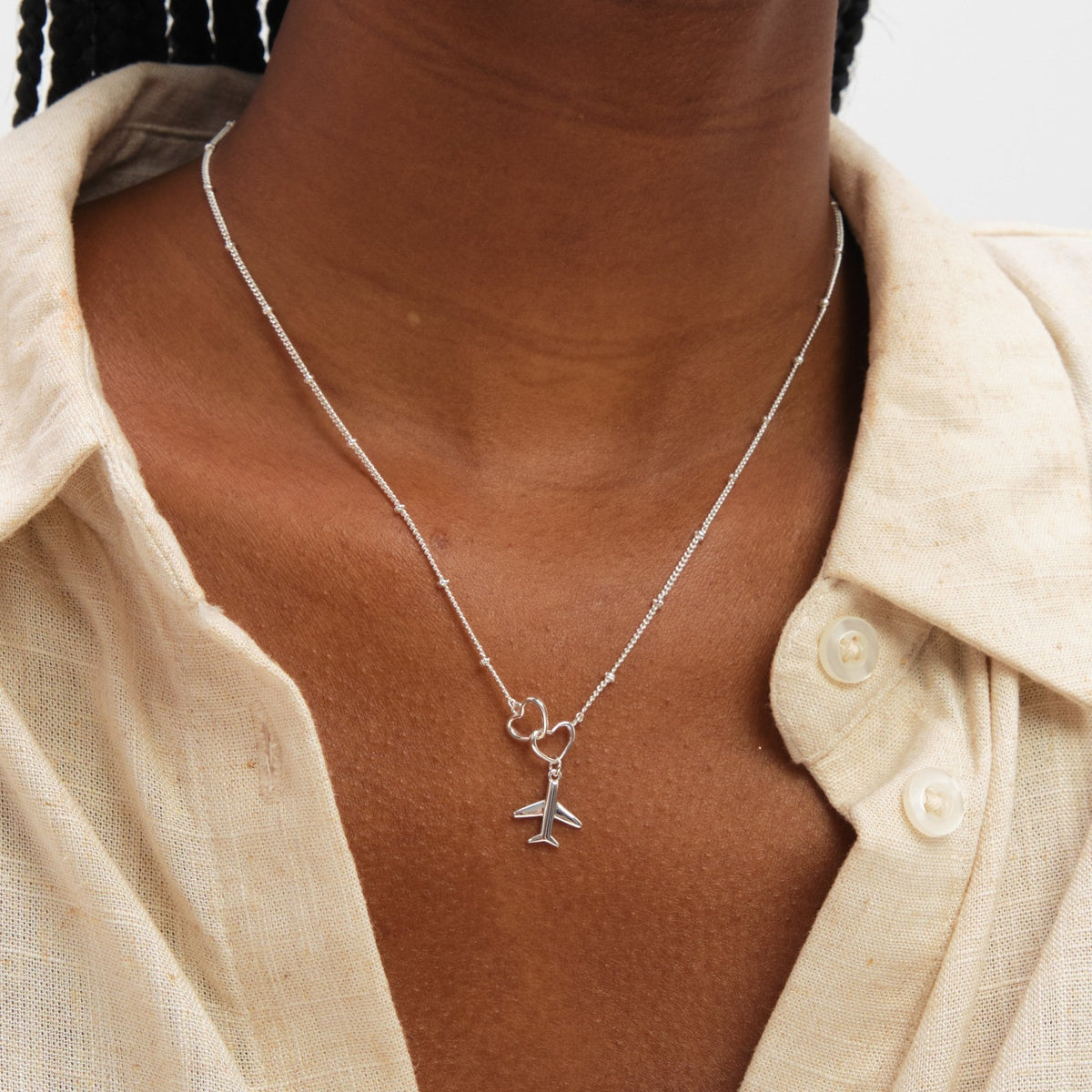 Inicio Sterling Silver Interlink Heart Plane Necklace - Gift Pouch