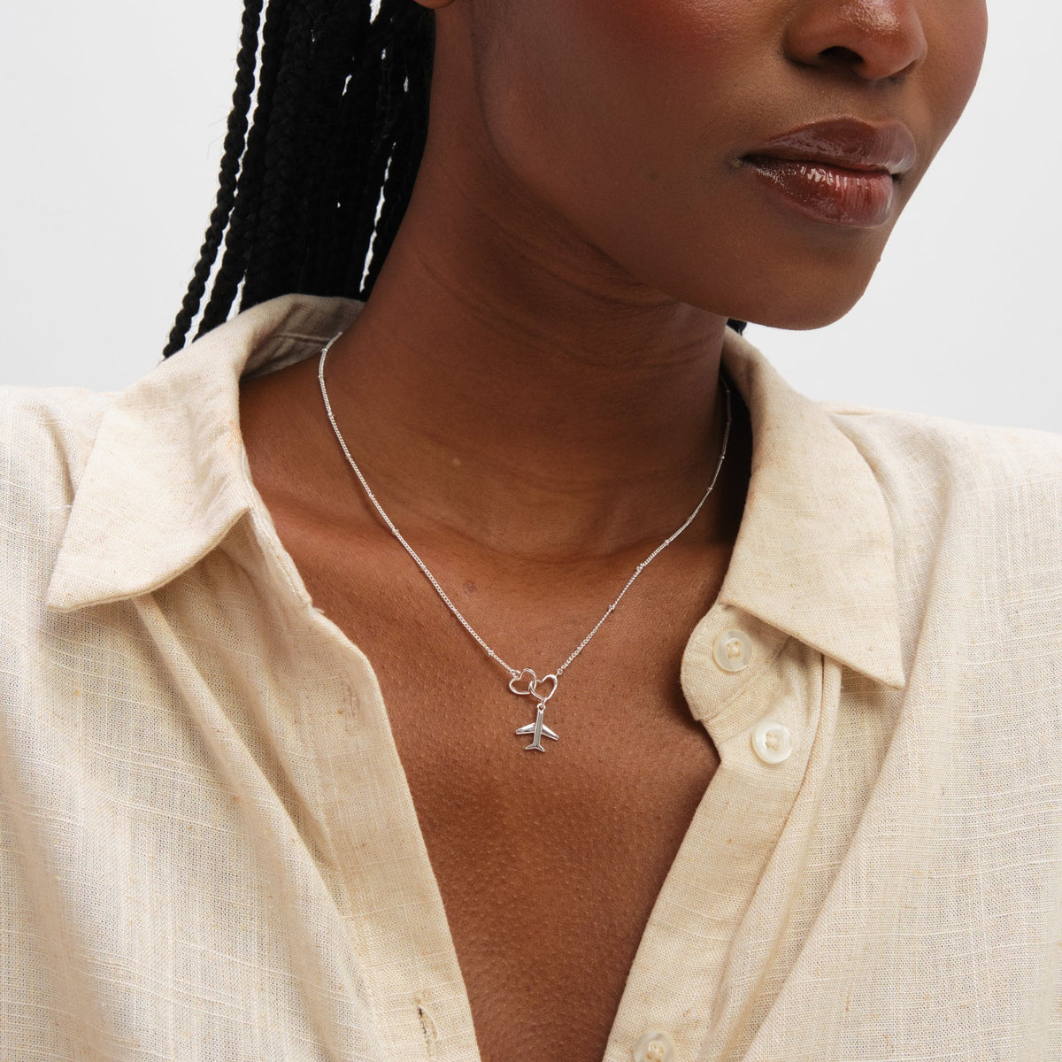 Inicio Sterling Silver Interlink Heart Plane Necklace - Gift Pouch