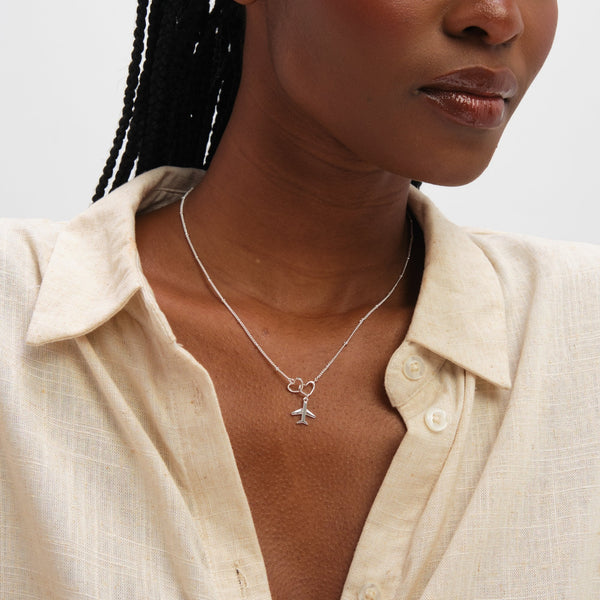 Inicio Sterling Silver Interlink Heart Plane Necklace - Gift Pouch