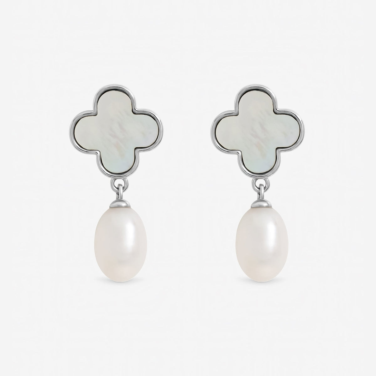 Jon Richard Rhodium Plated Pearl and Mother of Pearl Clover Drop Earrings