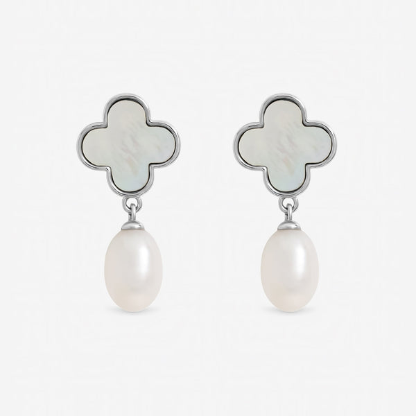 Jon Richard Rhodium Plated Pearl and Mother of Pearl Clover Drop Earrings