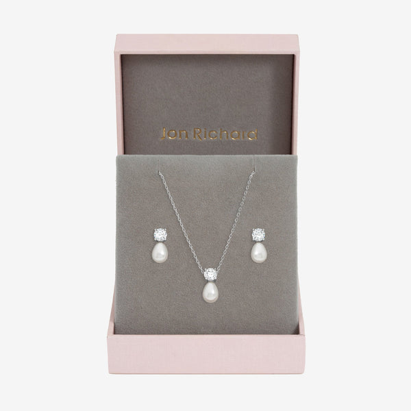 Jon Richard Rhodium Plated Crystal and Pearl Bridal Set - Gift Box