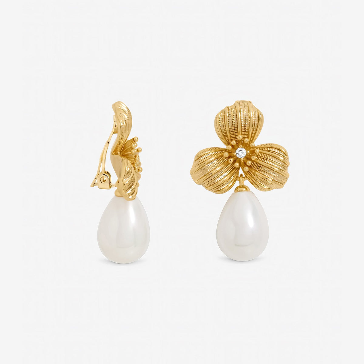 Jon Richard Textured Floral and Pearl Drop Clip Earrings