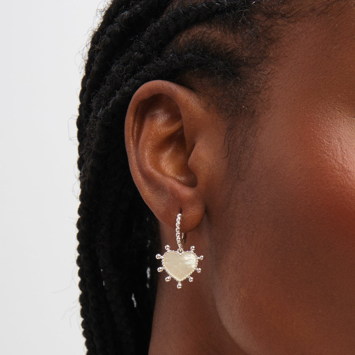 Inicio Sterling Silver Mother of Pearl Heart Charm Hoop Earrings