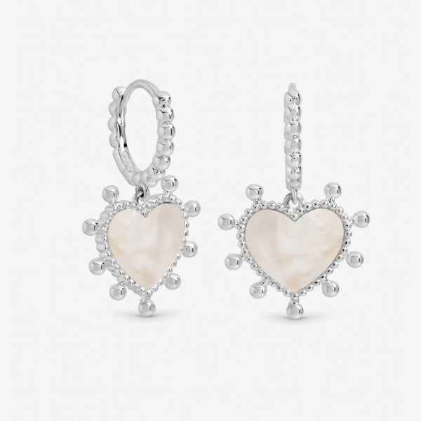 Inicio Sterling Silver Mother of Pearl Heart Charm Hoop Earrings
