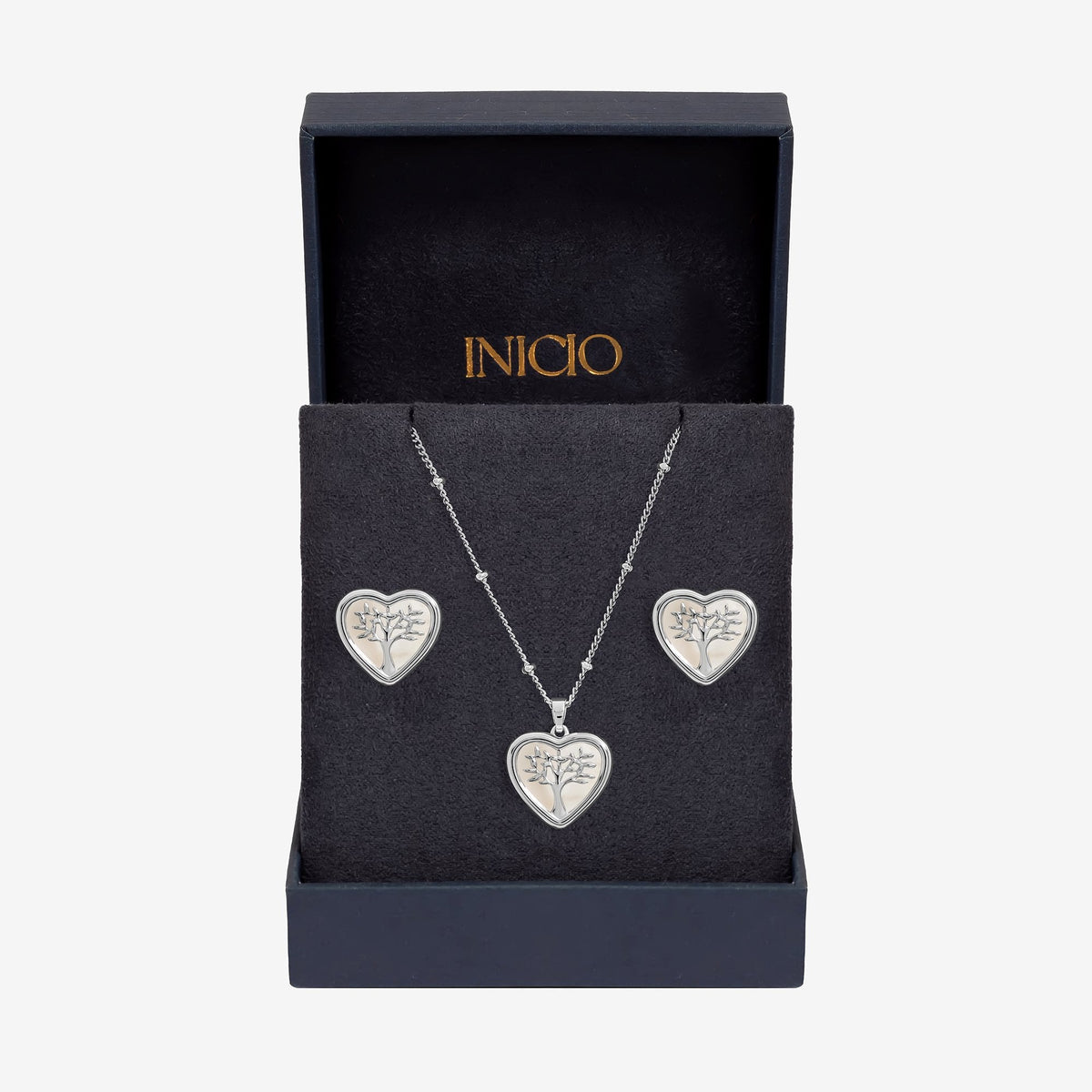Inicio Sterling Silver Mother of Pearl Tree Of Love Heart Set - Gift Box