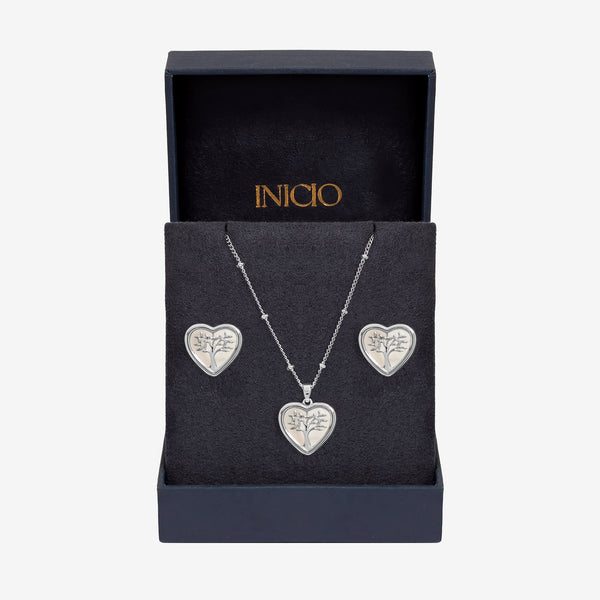 Inicio Sterling Silver Mother of Pearl Tree Of Love Heart Set - Gift Box