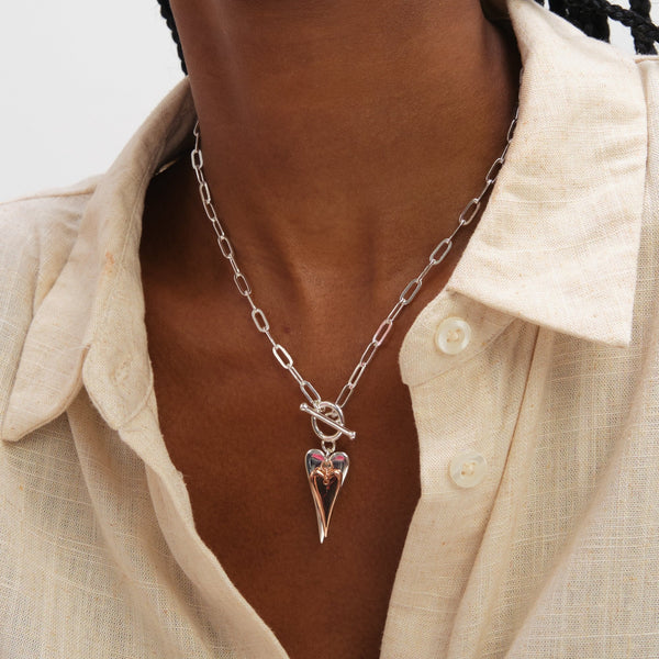 Inicio Sterling Silver Two Tone T-Bar Heart Necklace - Gift Pouch
