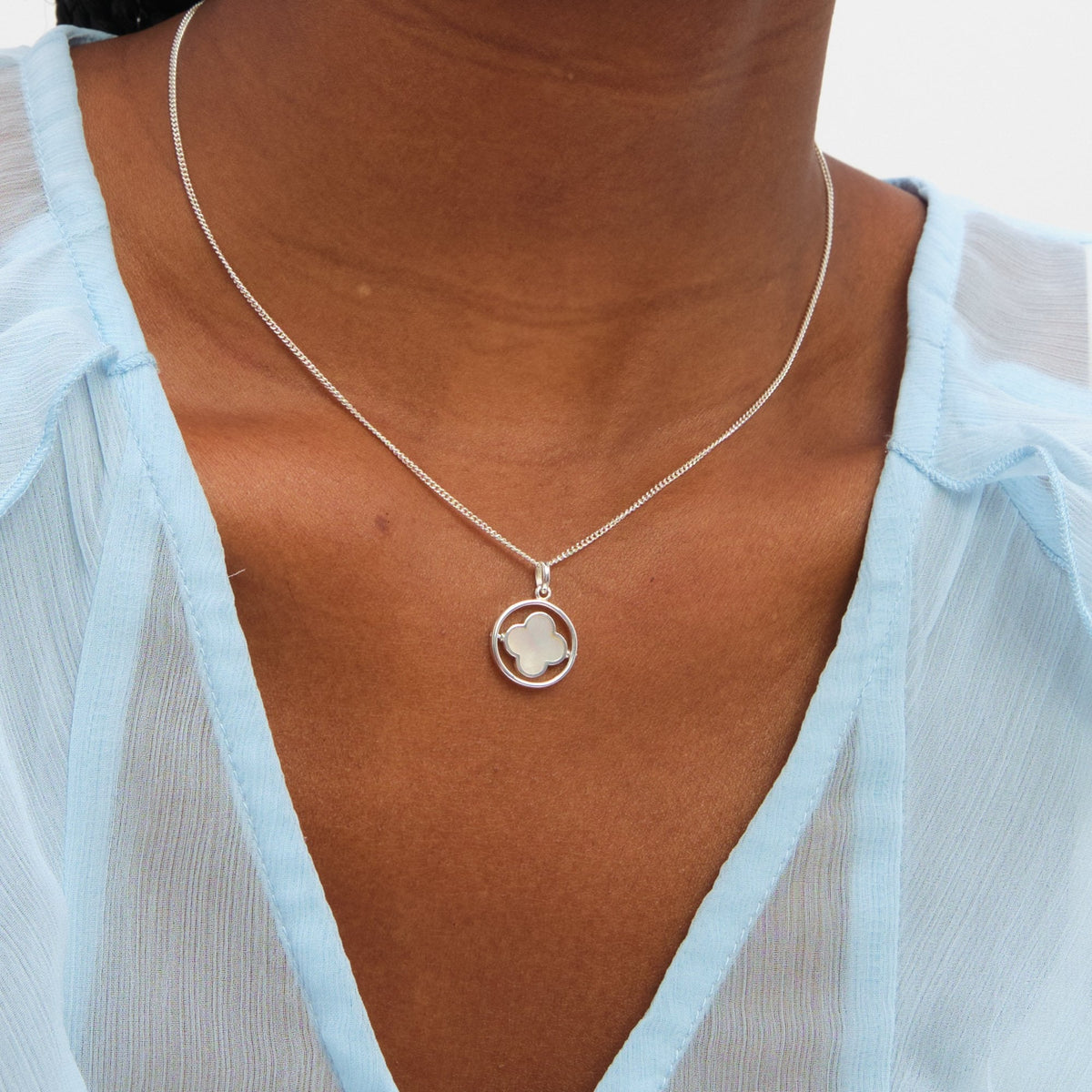 Inicio Sterling Silver Mother of Pearl Spinner Clover Pendant - Gift Pouch