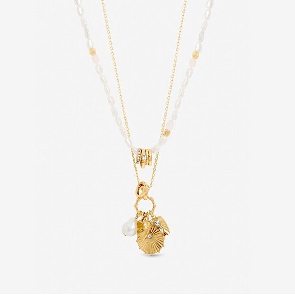Mood Gold Plated Multi Row Charm Pearl Necklace