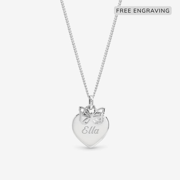 Inicio Sterling Silver Butterfly Charm Personalised Heart Pendant - Gift Pouch