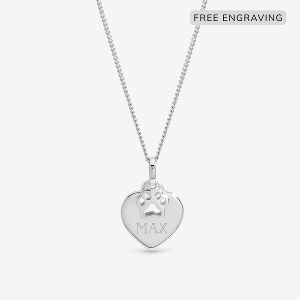 Inicio Sterling Silver Pawprint Charm Personalised Heart Pendant - Gift Pouch