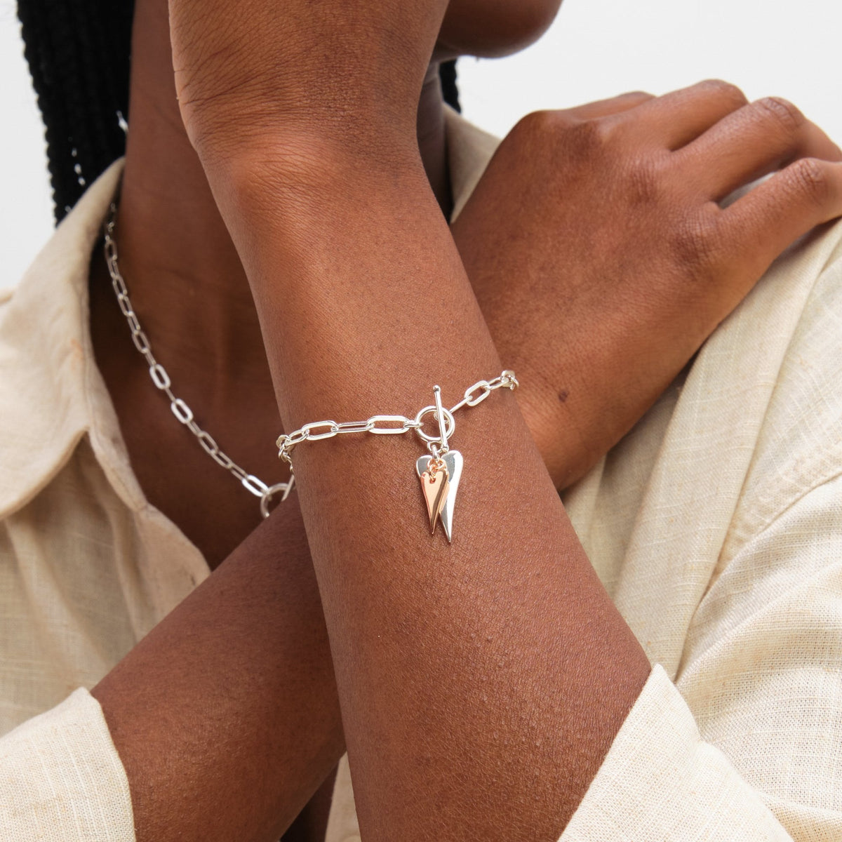 Inicio Sterling Silver Two Tone T-Bar Heart Bracelet - Gift Pouch