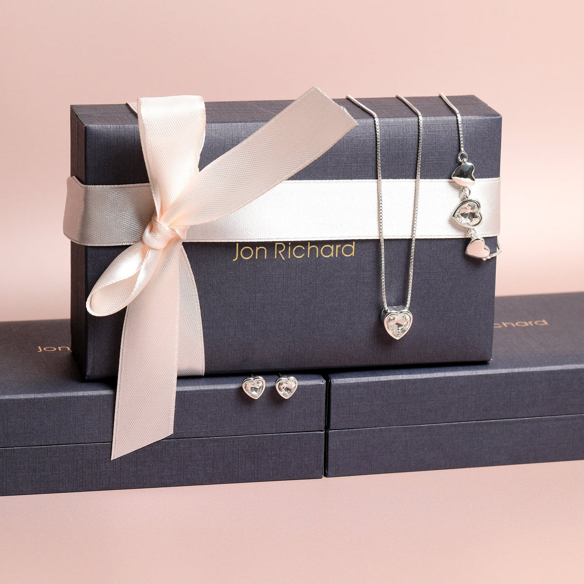 Jon Richard Silver Crystal Heart Trio Set - Gift Box