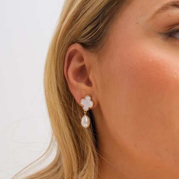 Jon Richard Rhodium Plated Pearl and Mother of Pearl Clover Drop Earrings