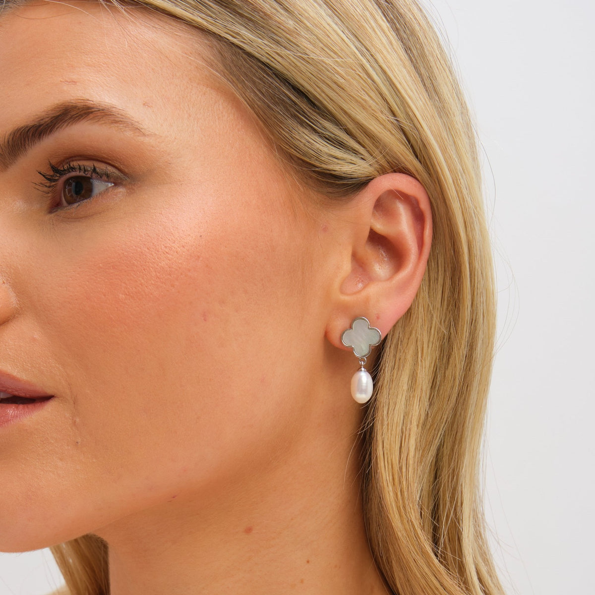 Jon Richard Rhodium Plated Pearl and Mother of Pearl Clover Drop Earrings