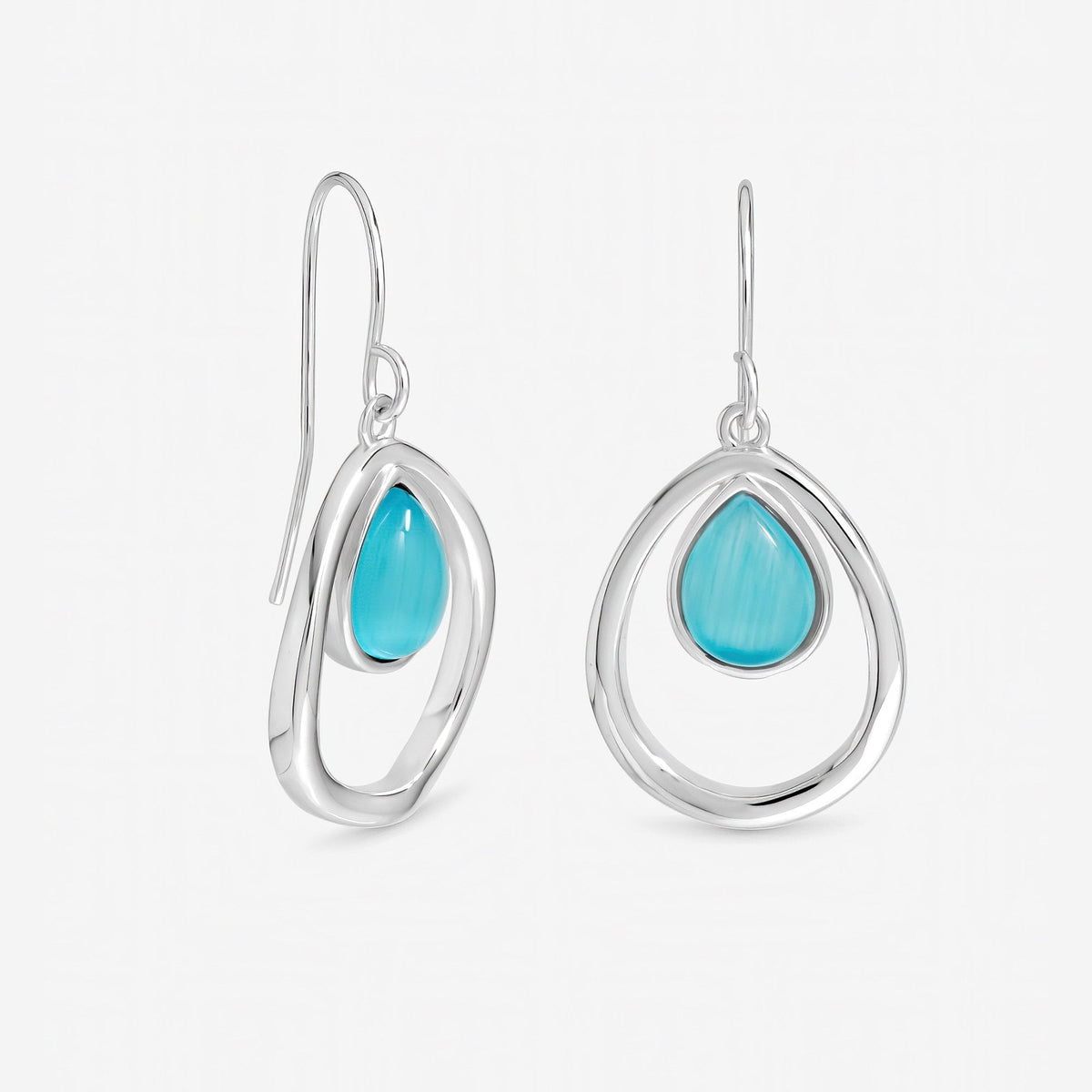 Inicio Sterling Silver Blue Cats Eye Polished Oval Drop Earrings
