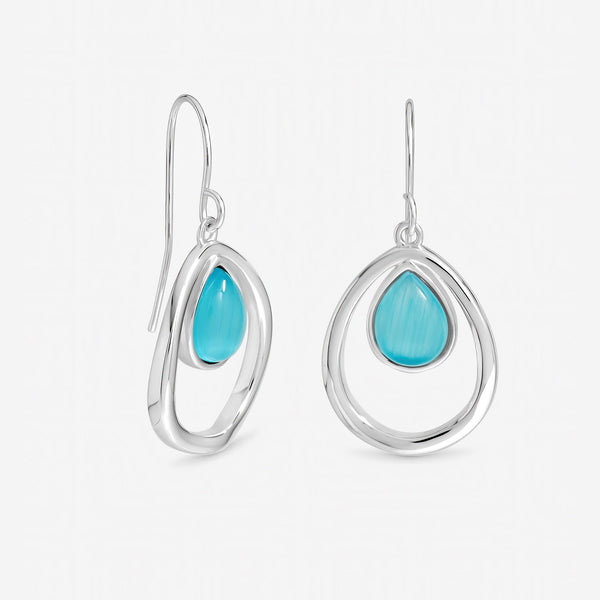 Inicio Sterling Silver Blue Cats Eye Polished Oval Drop Earrings
