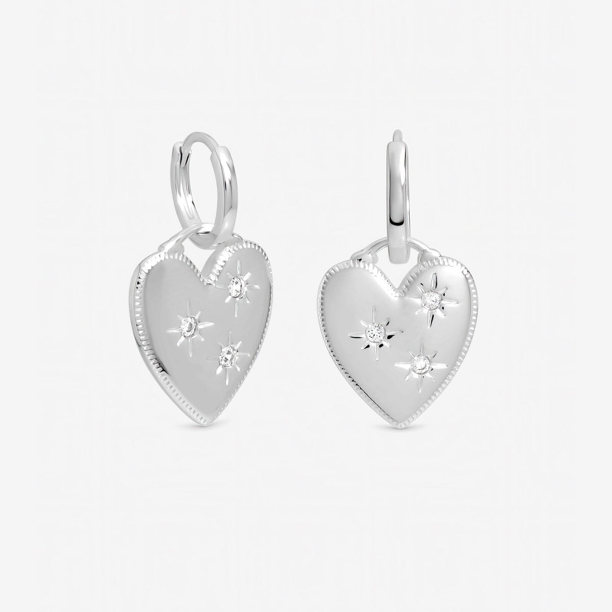 Inicio Sterling Silver Celestial Heart Charm Huggie Hoops - Gift Pouch