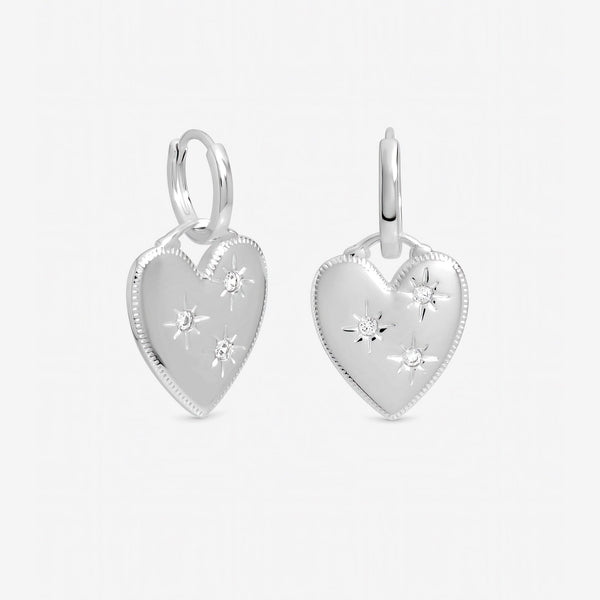 Inicio Sterling Silver Celestial Heart Charm Huggie Hoops - Gift Pouch