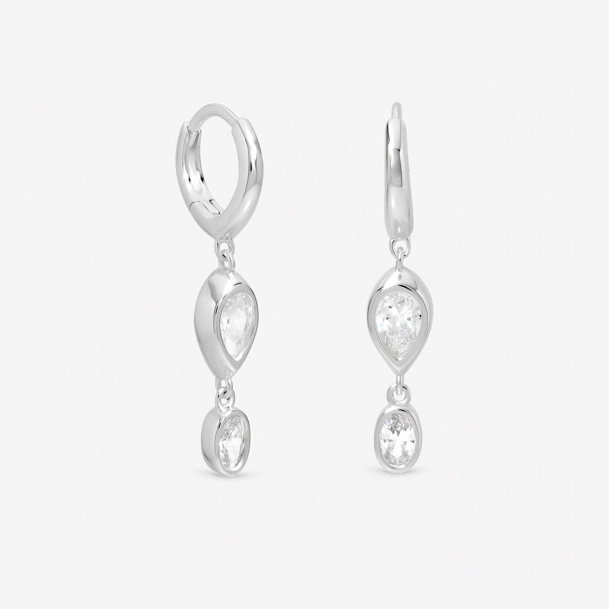 Inicio Sterling Silver Cubic Zirconia Bezel Double Drop Charm Hoops - Gift Pouch