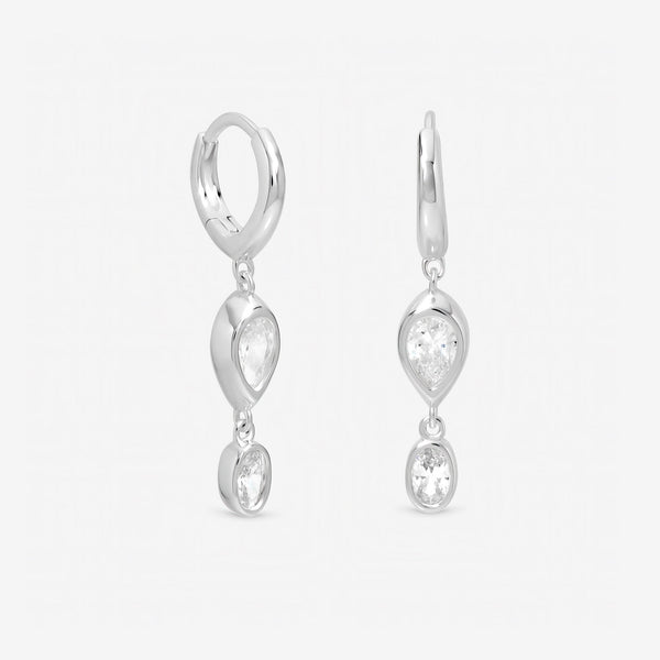 Inicio Sterling Silver Cubic Zirconia Bezel Double Drop Charm Hoops - Gift Pouch