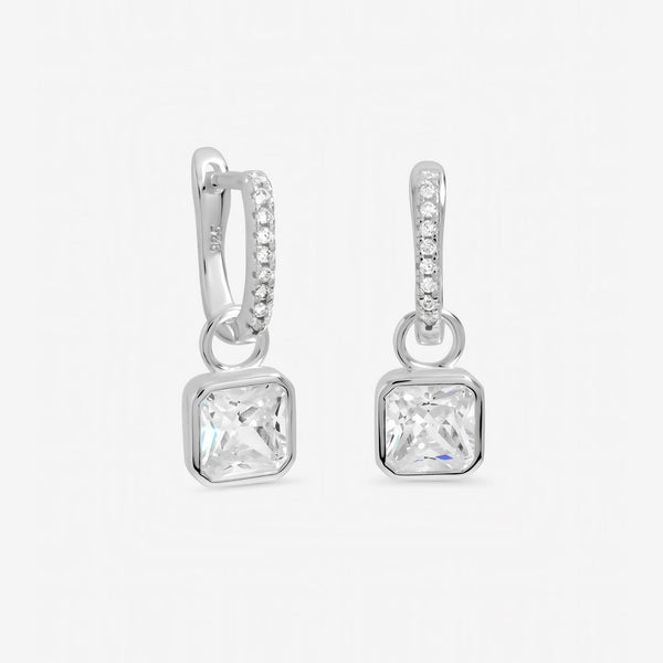 Inicio Sterling Silver Cushion Drop Cubic Zirconia Pave Hoops - Gift Pouch