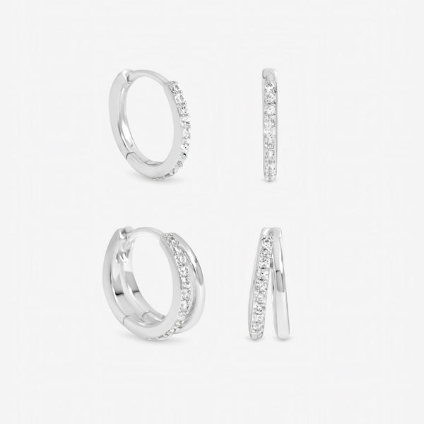 Inicio Sterling Silver Polished And Pave Hoops - Pack of 2