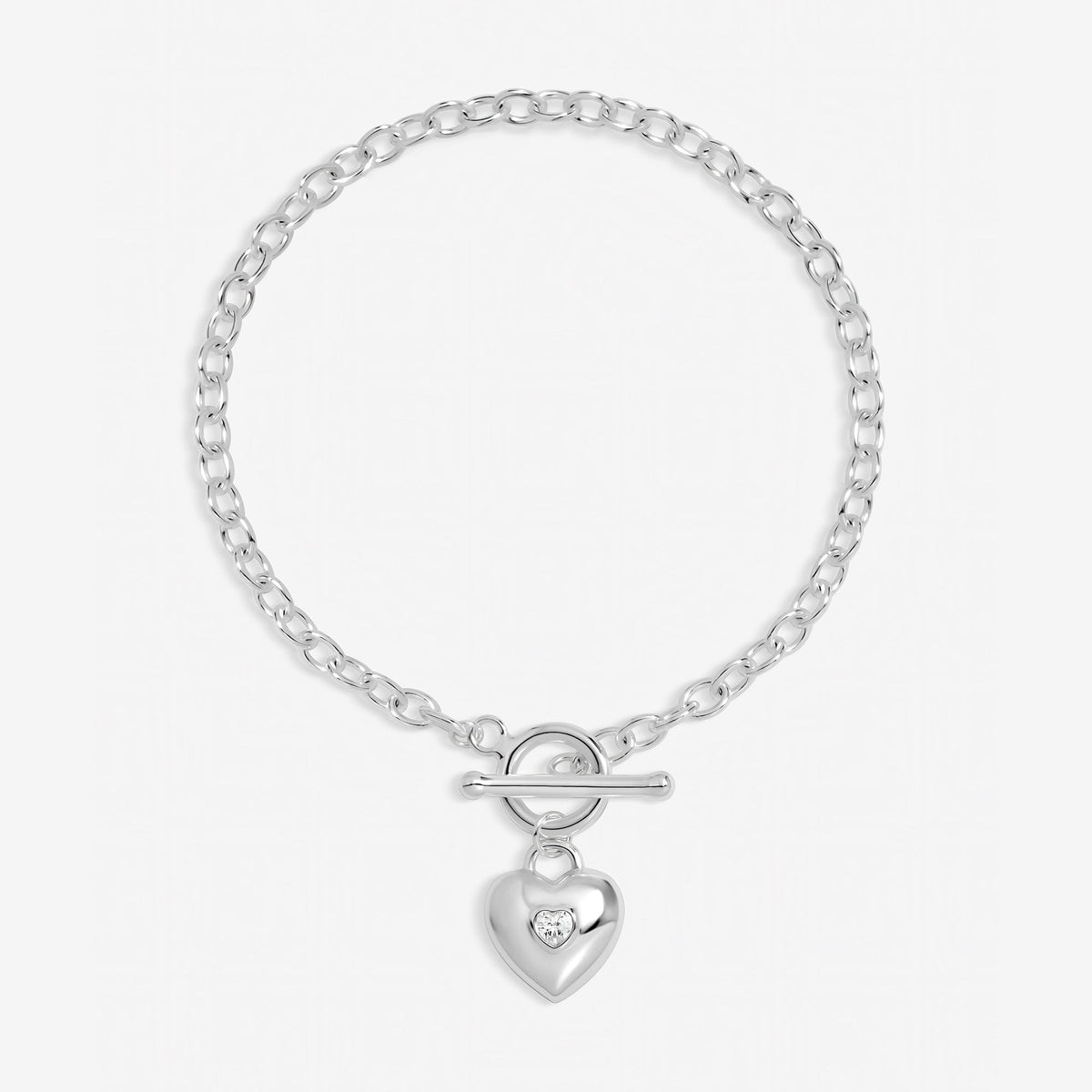 Inicio Sterling Silver Polished Bezel Heart T Bar Bracelet - Gift Pouch