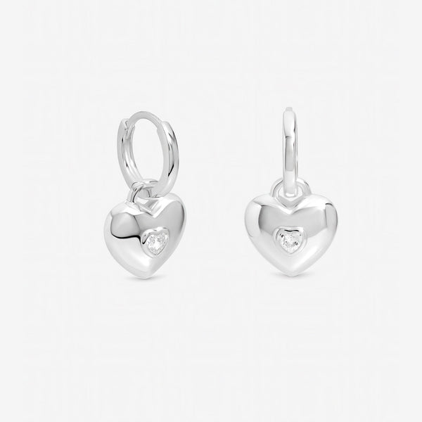 Inicio Sterling Silver Polished Heart Bezel Heart Charm Huggie Hoops - Gift Pouch