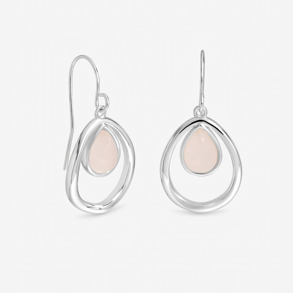 Inicio Sterling Silver Rose Quartz Polished Oval Drop Earrings