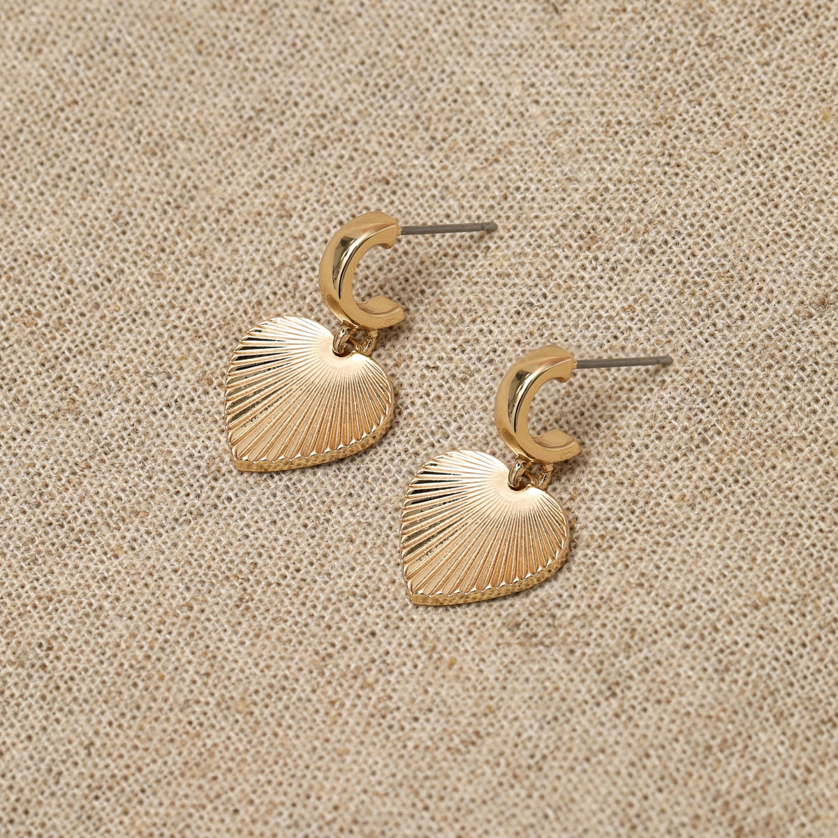 Inicio Gold Plated Diamond Cut Heart Charm Huggie Earrings