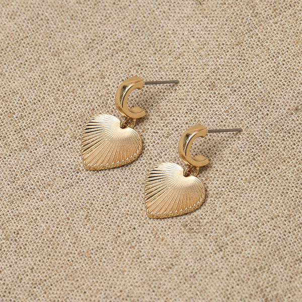 Inicio Gold Plated Diamond Cut Heart Charm Huggie Earrings
