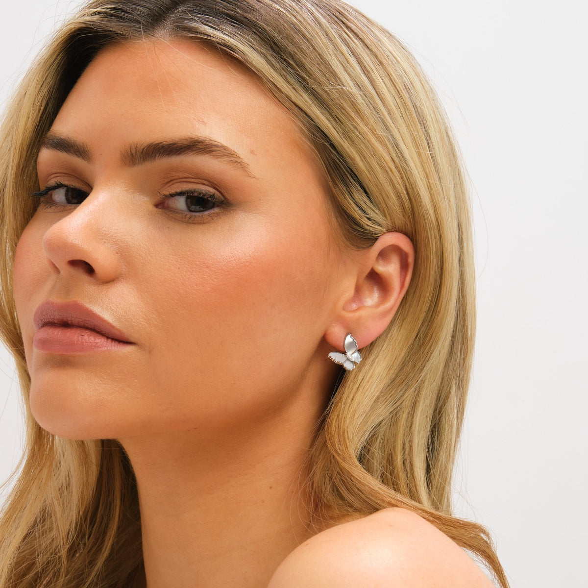 Jon Richard Rhodium Plated and Mother of Pearl Butterfly Stud Earrings