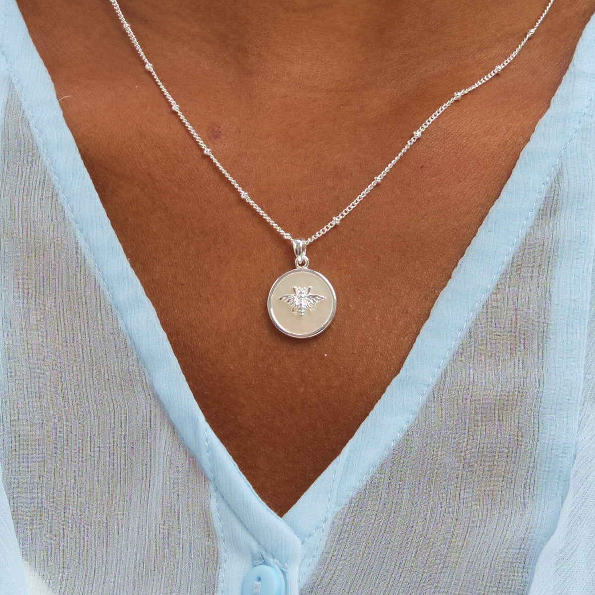 Inicio Sterling Silver Mother Of Pearl Bumblebee Pendant - Gift Pouch