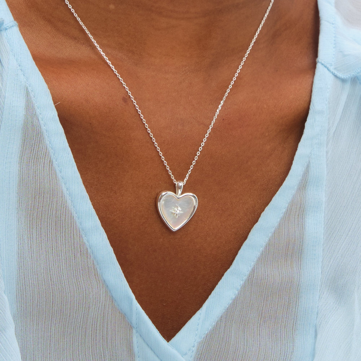 Inicio Sterling Silver Mother of Pearl Celestial Heart Pendant - Gift Pouch