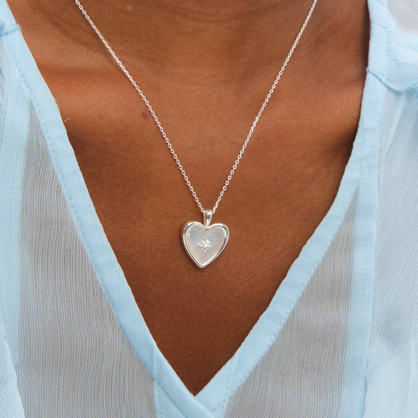 Inicio Sterling Silver Mother of Pearl Celestial Heart Pendant - Gift Pouch