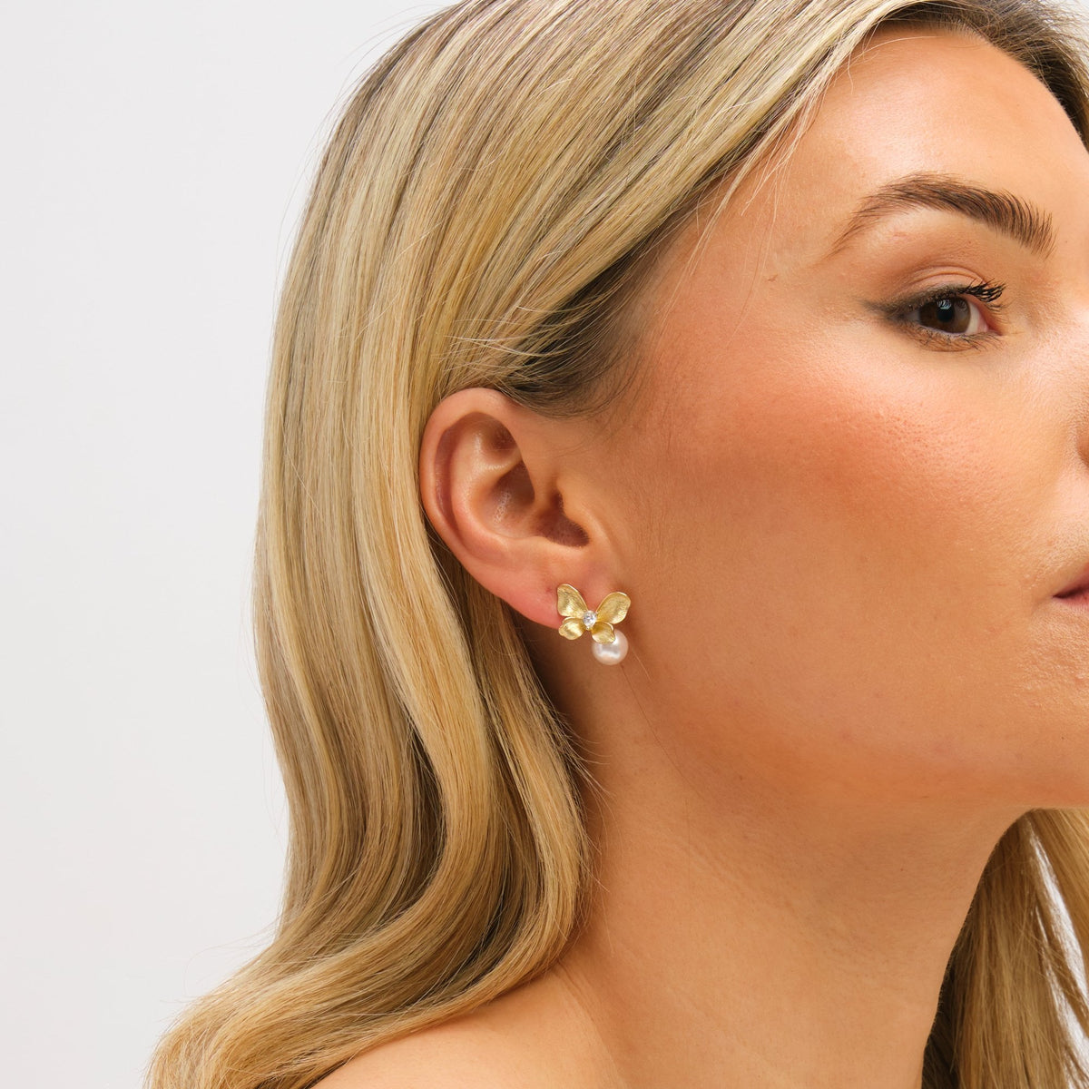 Jon Richard Gold Plated Satin Butterfly and Pearl Drop Earrings