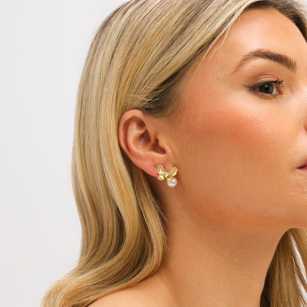 Jon Richard Gold Plated Satin Butterfly and Pearl Drop Earrings