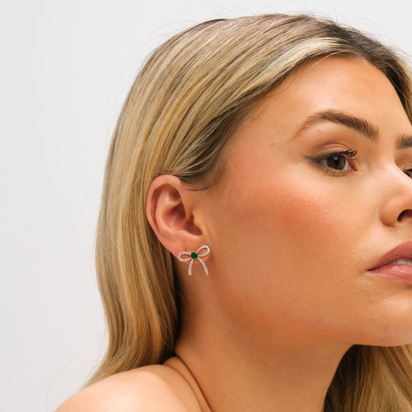 Jon Richard Gold Plated Crystal and Emerald Bow Stud Earrings