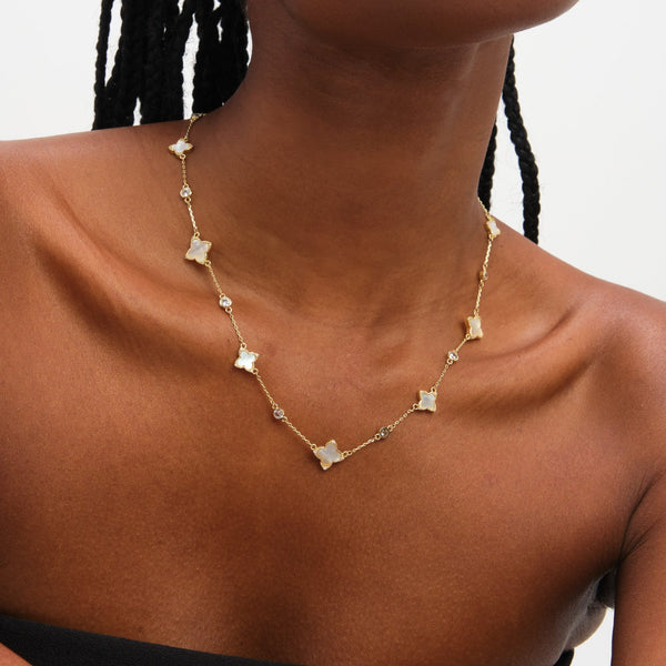 Inicio Gold Plated Polished and Mother of Pearl Long Clover Necklace - Gift Pouch